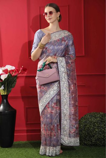 Organza Printed Saree In Grey Colour - SR5415158