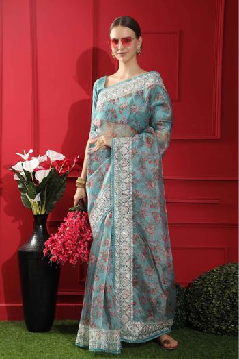 Organza Printed Saree In Sky Blue Colour - SR5415159