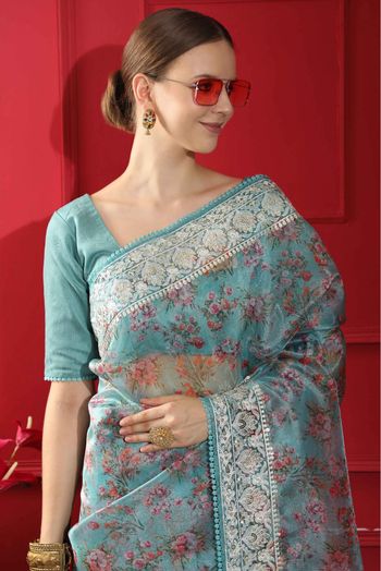 Organza Printed Saree In Sky Blue Colour - SR5415159