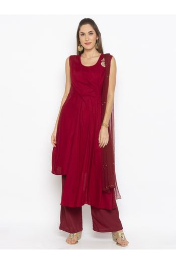 Plus Size Cotton Palazzo Pant Suit In Maroon Colour - SS2711207