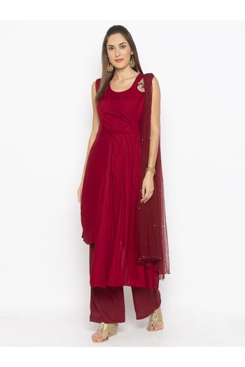 Plus Size Cotton Palazzo Pant Suit In Maroon Colour - SS2711207