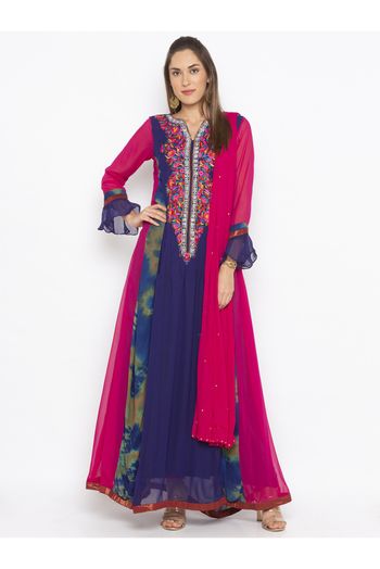 Plus Size Georgette Anarakali Suit In Blue And Pink Colour - SS2711200