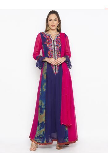 Plus Size Georgette Anarakali Suit In Blue And Pink Colour - SS2711200