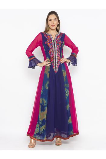 Plus Size Georgette Kurta Set In Dark Blue And Pink Colour - KR2711176