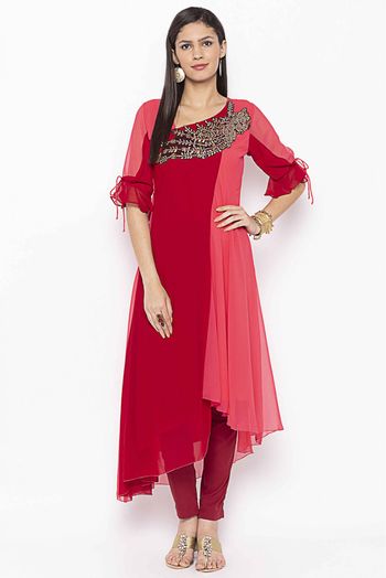 Plus Size Georgette Kurti In Maroon And Pink Colour - KR2711143