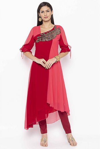 Plus Size Georgette Kurti In Maroon And Pink Colour - KR2711143