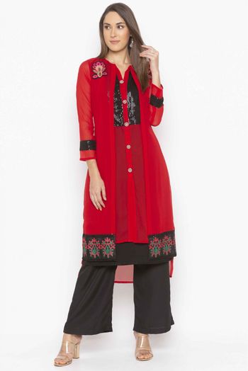 Plus Size Georgette Kurti In Red Colour - KR2711155