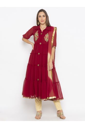 Plus Size Georgette Pant Style Suit In Maroon Colour - SS2711205