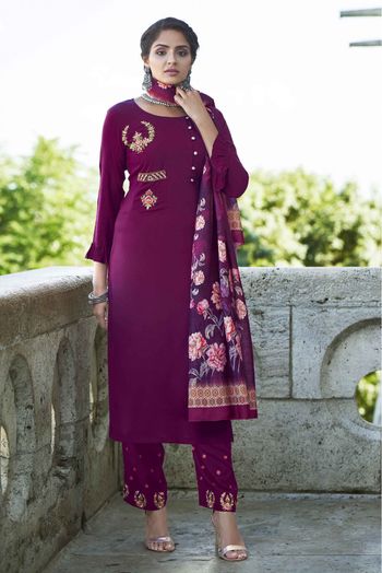 Rayon Embroidery Pant Style Suit In Magenta Pink Colour - SS5415179