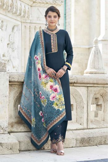 Banarasi Silk Woven Pant Style Suit In Royal Blue Colour