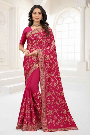 Satin Silk Embroidery Saree In Dark Pink Colour - SR4690704