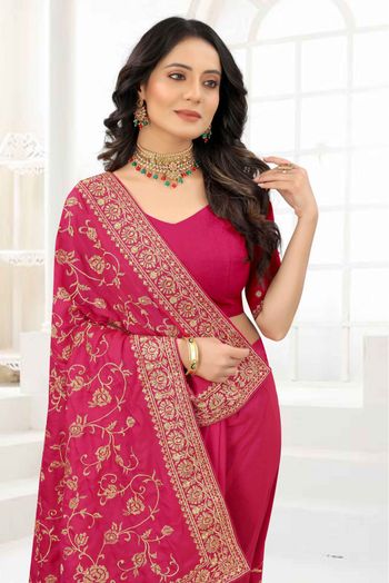 Satin Silk Embroidery Saree In Dark Pink Colour - SR4690704