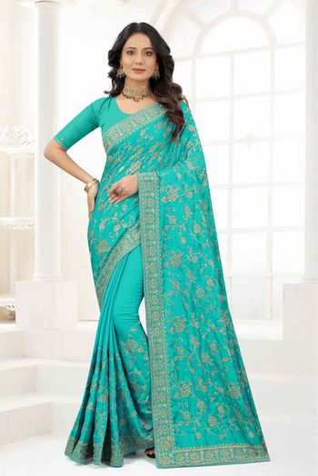 Satin Silk Embroidery Saree In Green Colour - SR4690705