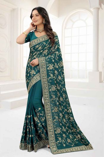 Satin Silk Embroidery Saree In Teal Colour - SR4690703