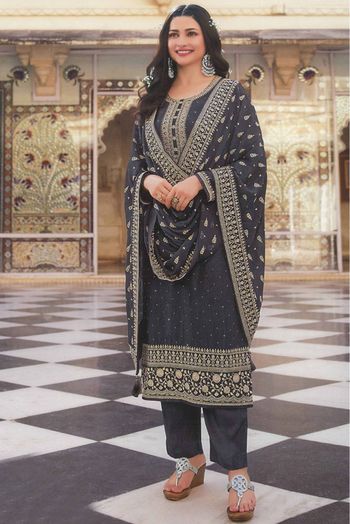 Silk Blend Embroidery Palazzo Pant Suit In Black Colour - SM4452231