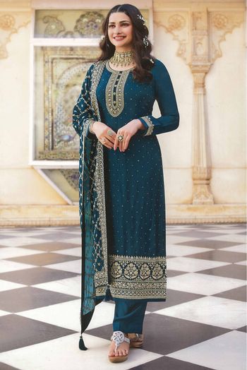 Silk Blend Embroidery Palazzo Pant Suit In Teal Colour - SM4452229