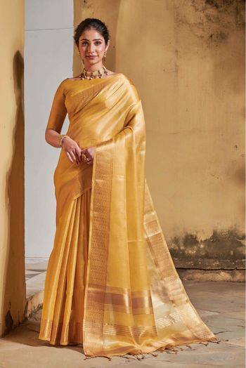 Handloom Yellow Colour Natural Tussar Silk Saree with Weaved border