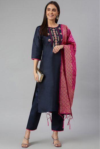 Slub Silk Blend Embroidery Pant Style Suit In Navy Blue Colour - SM1357589