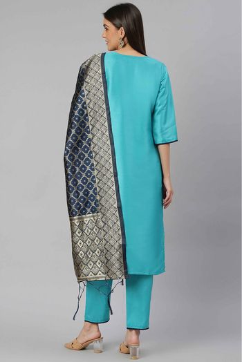 Slub Silk Blend Embroidery Pant Style Suit In Sky Blue Colour - SM1357590