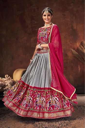 Navratri Chaniya Choli in Pink Tussar Silk With Leriya Print and