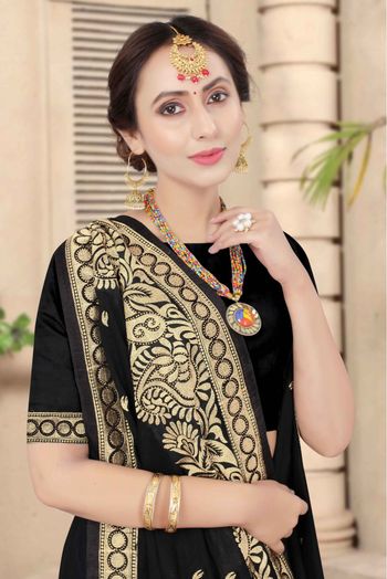 Vichitra Silk Embroidery Saree In Black Colour - SR1543539