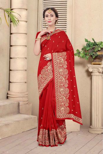 Vichitra Silk Embroidery Saree In Red Colour - SR1543540