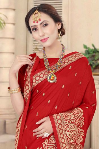 Vichitra Silk Embroidery Saree In Red Colour - SR1543540