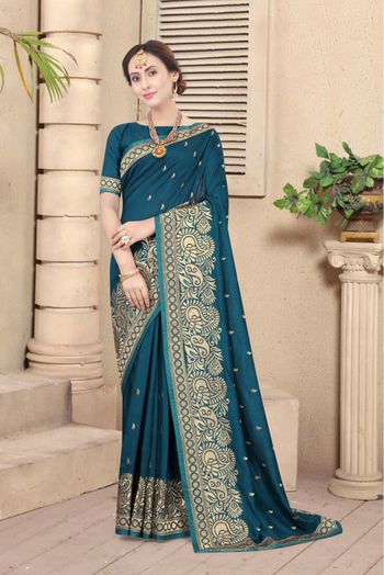 Vichitra Silk Embroidery Saree In Teal Colour - SR1543537