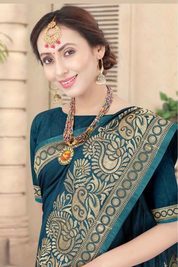 Vichitra Silk Embroidery Saree In Teal Colour - SR1543537