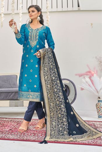 Banarasi Jacquard Woven Pant Style Suit In Blue Colour SM1357394