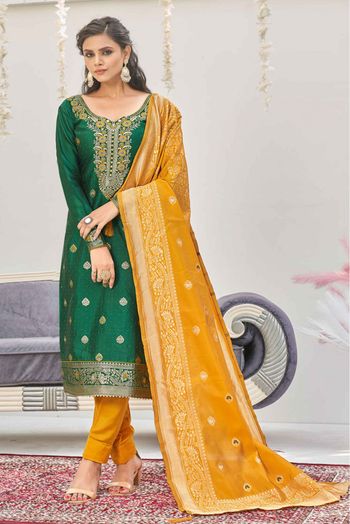 Banarasi Jacquard Woven Pant Style Suit In Green Colour SM1357395