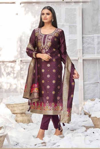 Banarasi Jacquard Woven Pant Style Suit In Wine Colour SM1357398