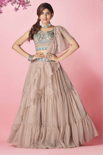 Buy Women's Feminine Elegant Net Design with Golden Hand Work Lehenga with  3 Layer and Choli (Light Brown, X-Large) at Amazon.in