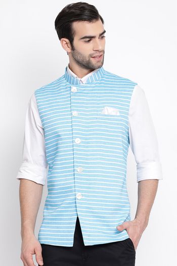 Cotton Blend Festival Wear Nehru Jacket In Blue Colour - JK4352132