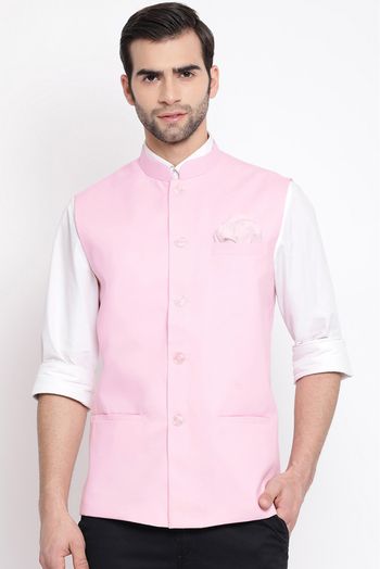 Cotton Blend Festival Wear Nehru Jacket In Pink Colour - JK4352128