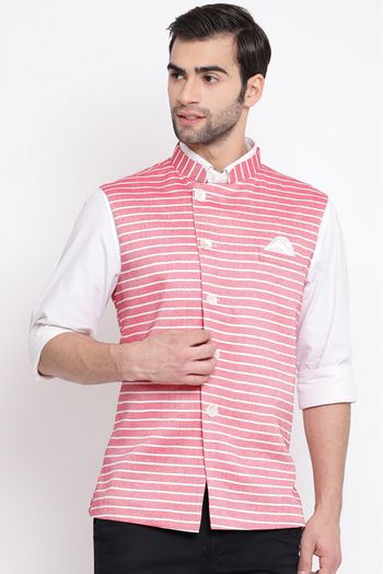 Cotton Blend Festival Wear Nehru Jacket In Red Colour - JK4352133
