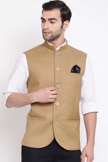 Cotton Silk Festival Wear Nehru Jacket In Beige Colour - JK4352137