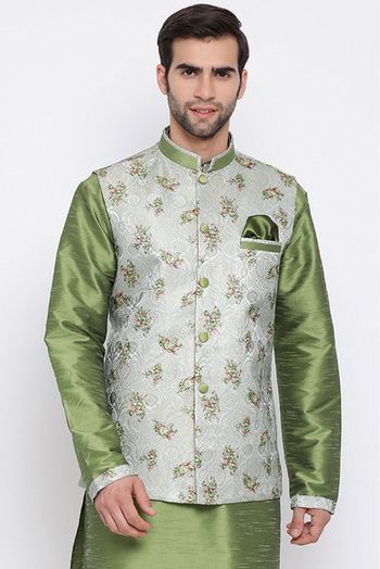 Cotton Silk Festival Wear Nehru Jacket In Green Colour - JK4352121