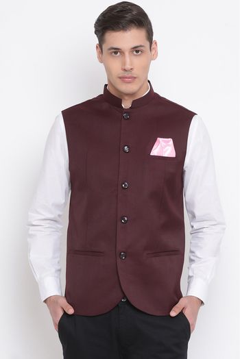 Cotton Silk Festival Wear Nehru Jacket In Maroon Colour - JK4352136