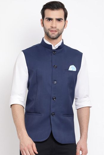 Cotton Silk Festival Wear Nehru Jacket In Navy Blue Colour - JK4352135