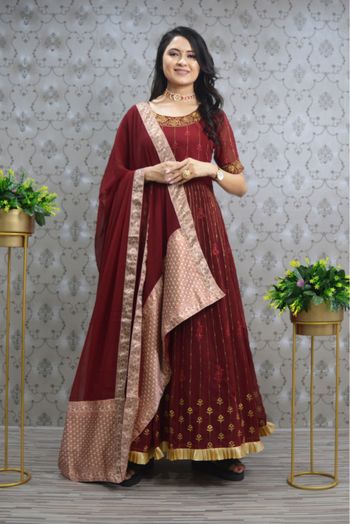 Faux Georgette Embroidery Gown In Maroon Colour GW3161934