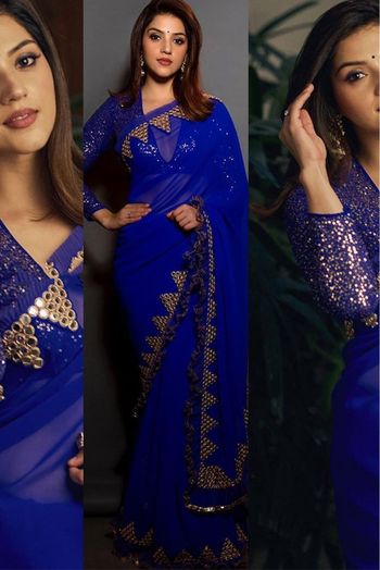 Georgette Bembarg Thread Work Saree In Royal Blue Colour - SR3880474