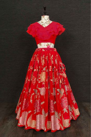 Photo of red lehenga. crop top lehenga. raw silk lehenga | Raw silk lehenga,  Indian bride, Red lehenga