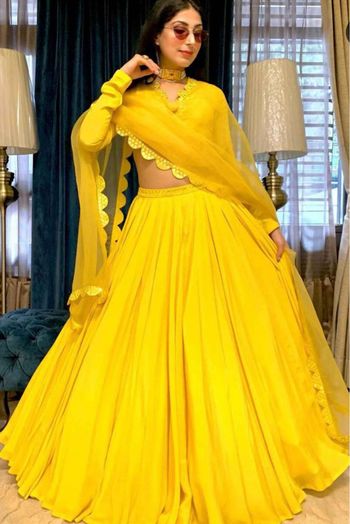 Buy Yellow Lehenga And Dupatta Georgette Embroidered Mirror Round Set For  Women by Basanti - Kapde Aur Koffee Online at Aza Fashions.