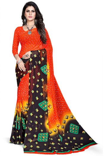 Georgette Printed Saree In Orange Colour - SR4840288