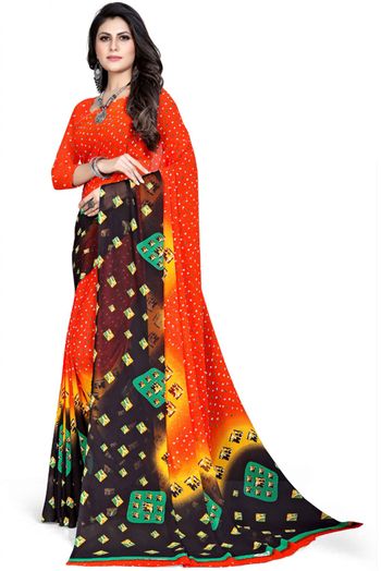 Georgette Printed Saree In Orange Colour - SR4840288