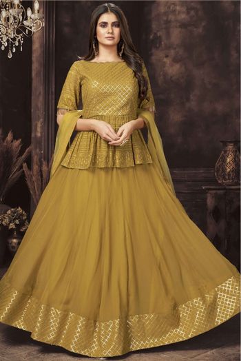 Georgette Sequins Work Lehenga Suit In Mustard Colour - SM5413789