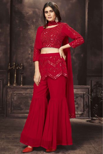 Georgette Sequins Work Palazzo Pant Suit In Red Colour - SM5413791