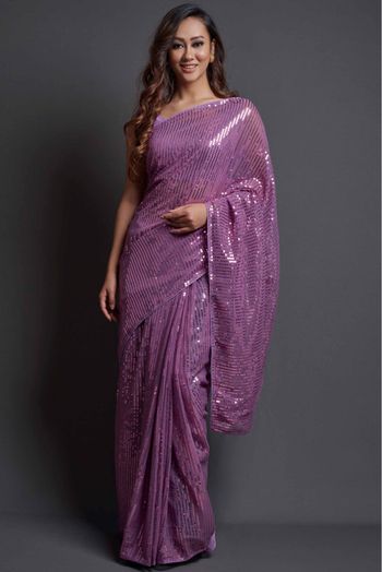 Georgette Sequins Work Saree In Lavender Colour - SR5540102