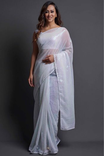 Georgette Sequins Work Saree In Off White Colour - SR5540106